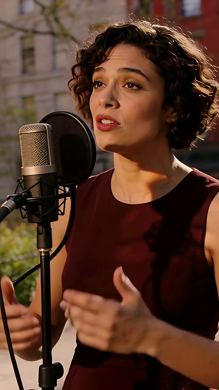 Video verticale: Cantante in abito bordeaux che canta nel microfono, registrando in piazza con filtro anti-pop.