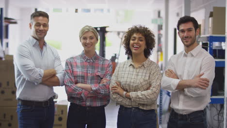 portrait of management team in logistics distribution warehouse