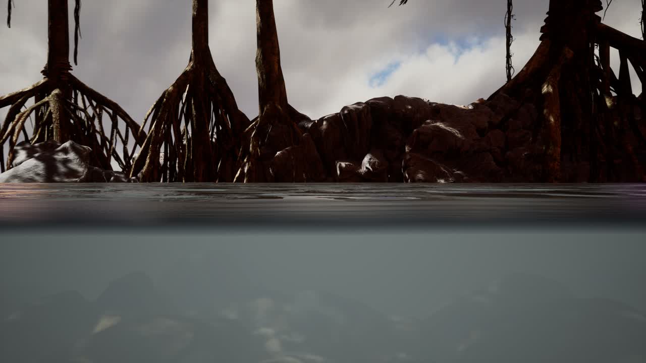 만그로브 나무 근처의 해수면 위와 해수면 아래