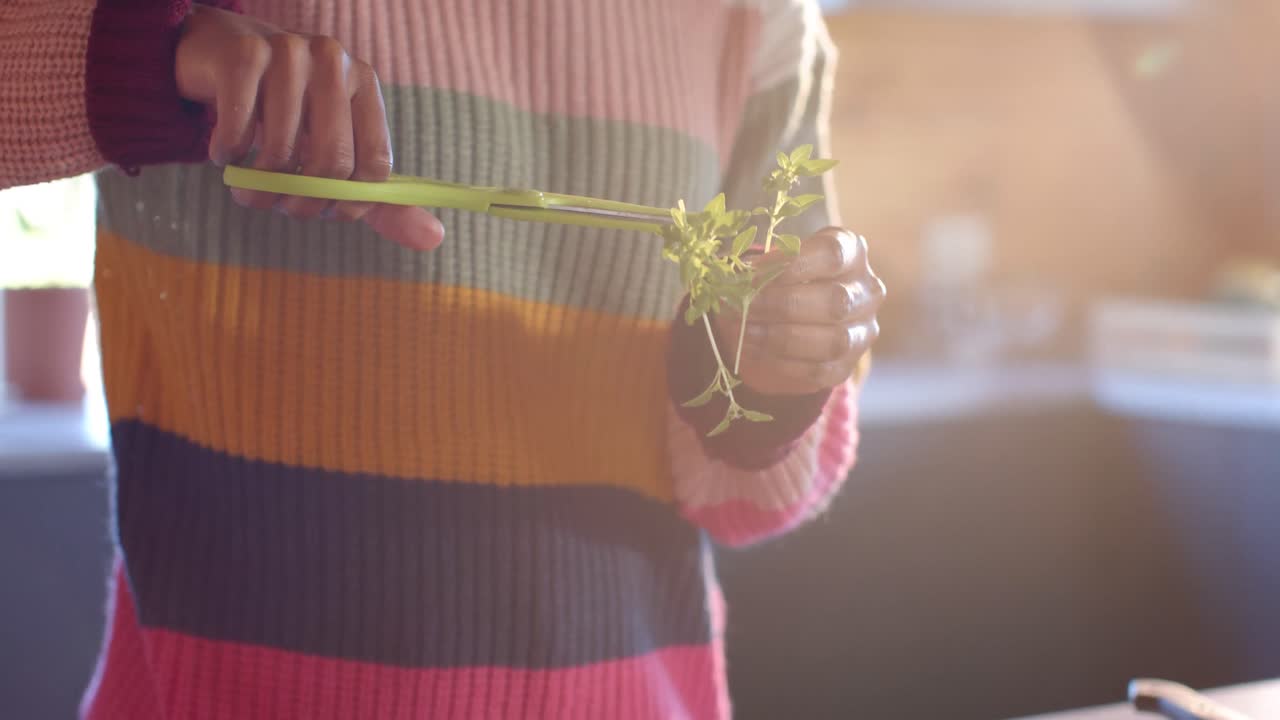 sección media de una mujer afroamericana preparando comida en una cocina soleada
