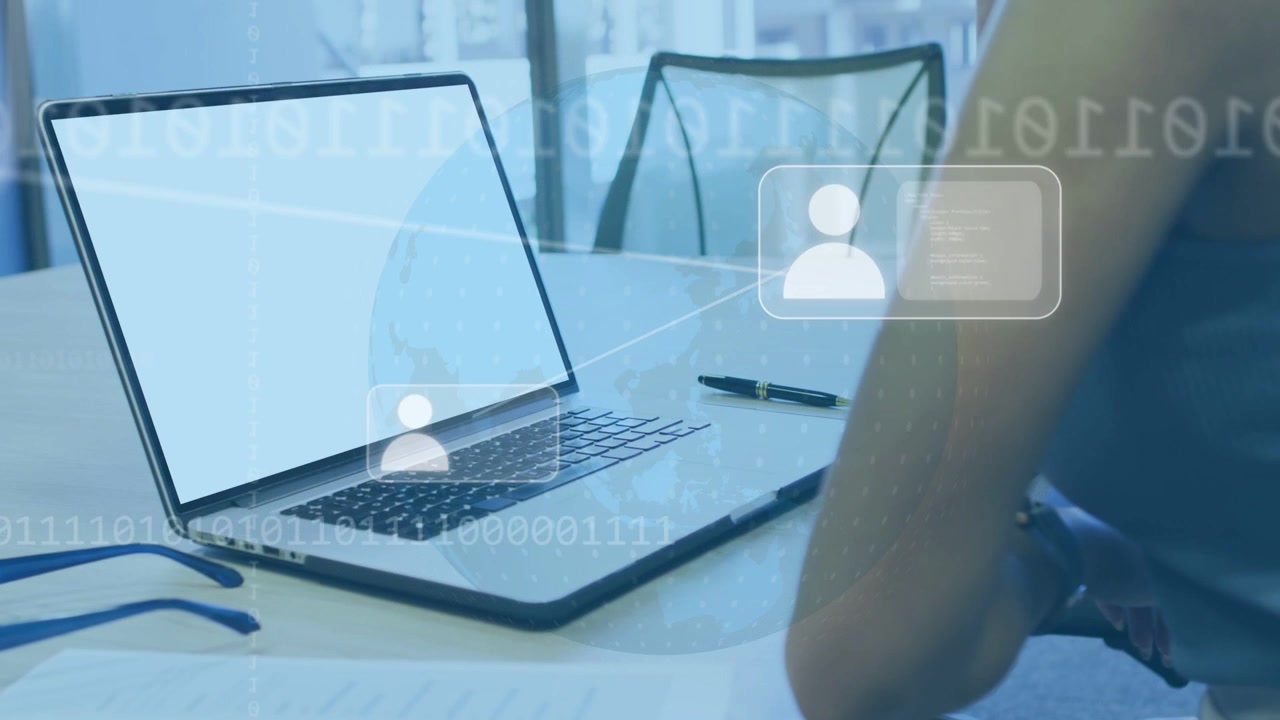 Open laptop getting data feed, showing avatar boxes flowing onto keys, woman observing for business