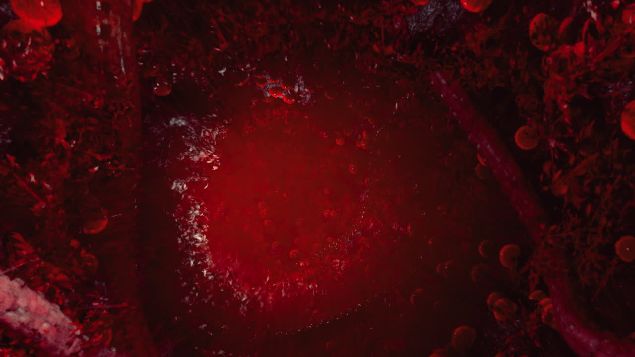 Unique view of liquid substance with vibrant red hue and pocket structures