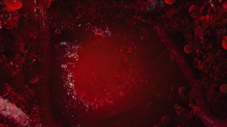 Vue unique d’une substance liquide avec une teinte rouge vibrante et des structures en poche