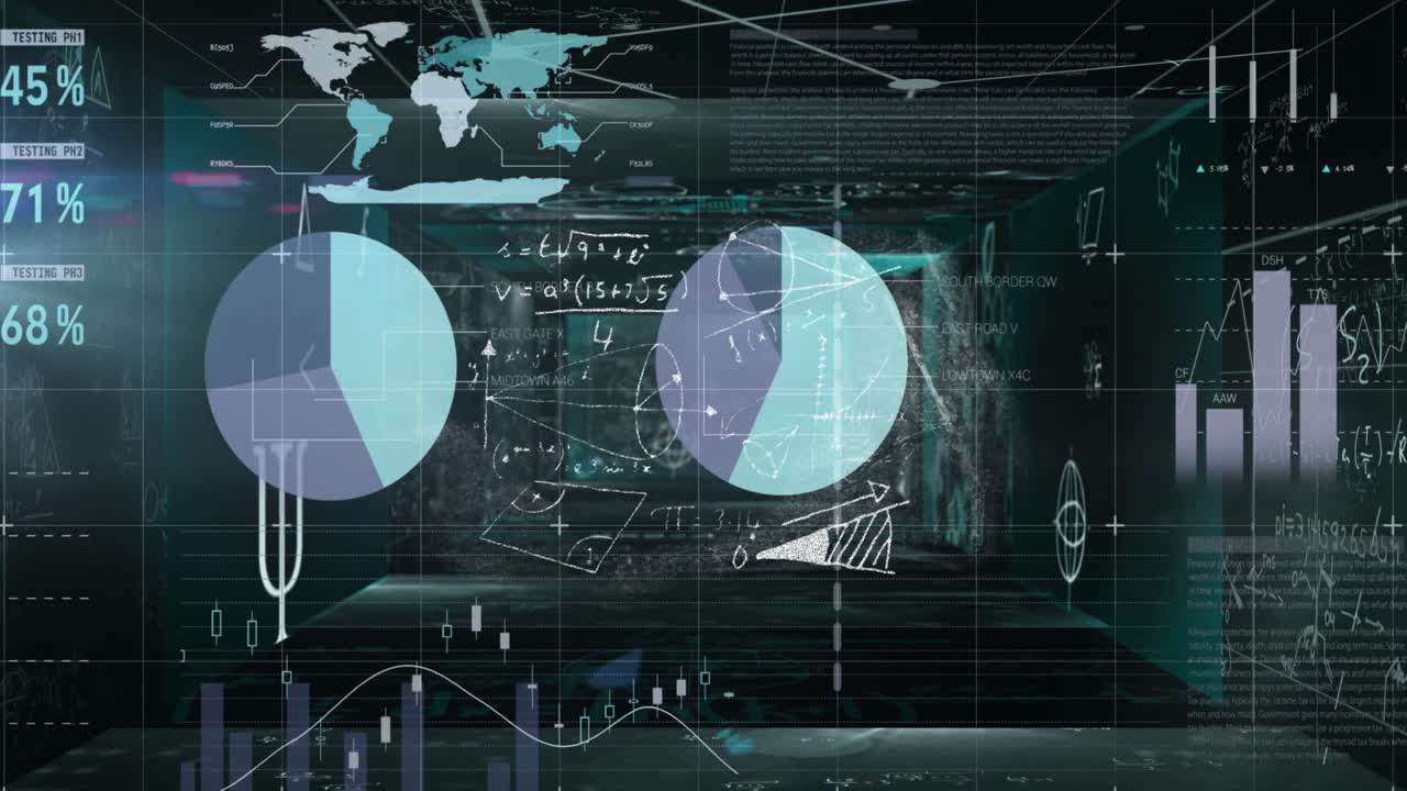 animación del procesamiento de estadísticas y datos financieros en el mapa del mundo