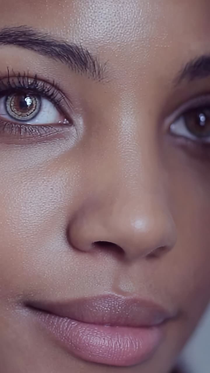 Close-Up of a Young Woman's Face Showing Natural Beauty and Intricate Details of Her Skin and Expressive Eyes in a Soft, Subtle Lighting Environment