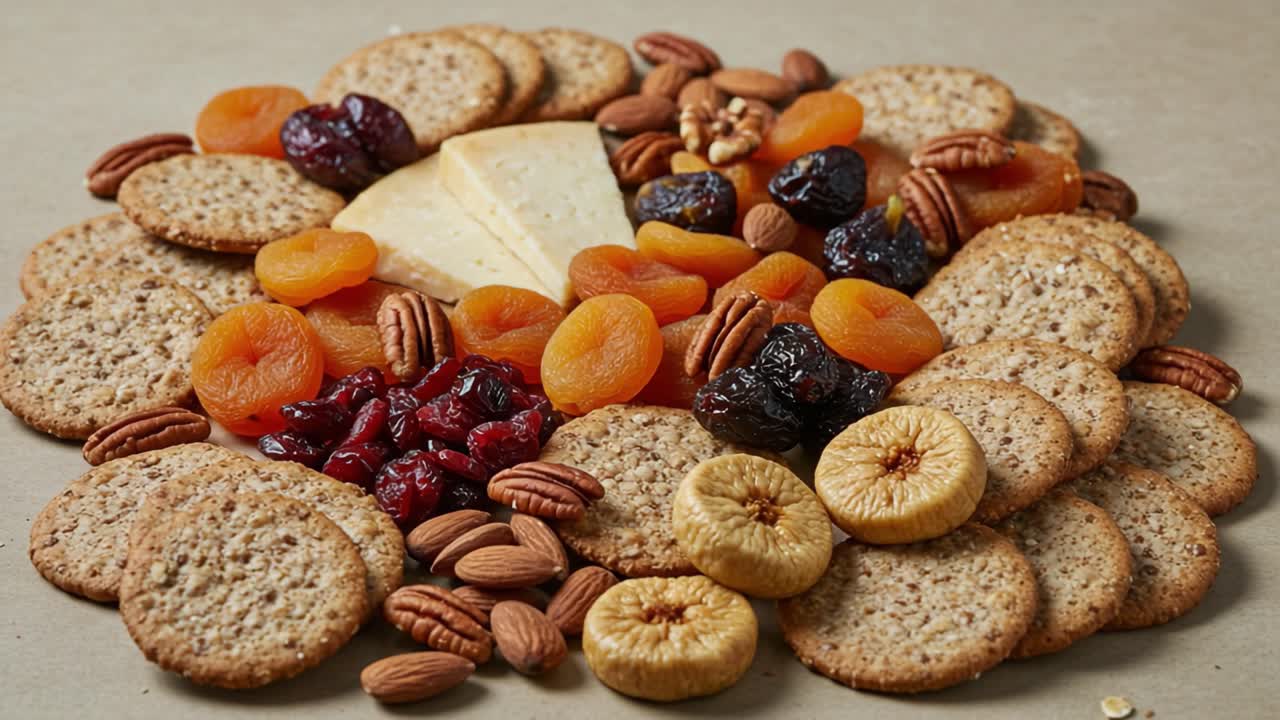 An Array of Crunchy Crackers, Sweet Dried Fruits, and Nutty Delights Creating a Beautiful Snack Arrangement on a Neutral Background
