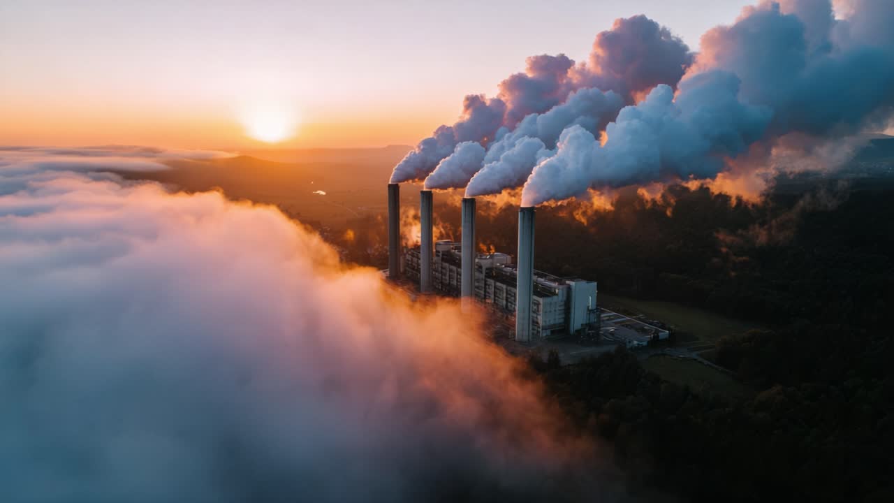 Alba suggestiva su una centrale elettrica industriale con emissioni che si innalzano tra nebbia bassa e nuvole, creando un paesaggio bellissimo, ma controverso.
