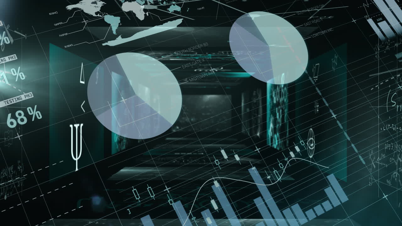 Graphs and pie charts animation over dark corridor with testing percentages