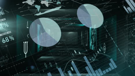 graphs and pie charts animation over dark corridor with testing percentages