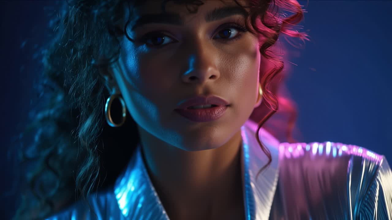 Young woman gazes thoughtfully, hand resting near her ear. Blue light reflects off her curly hair and metallic top. Her expression conveys calm confidence, subtle intensity