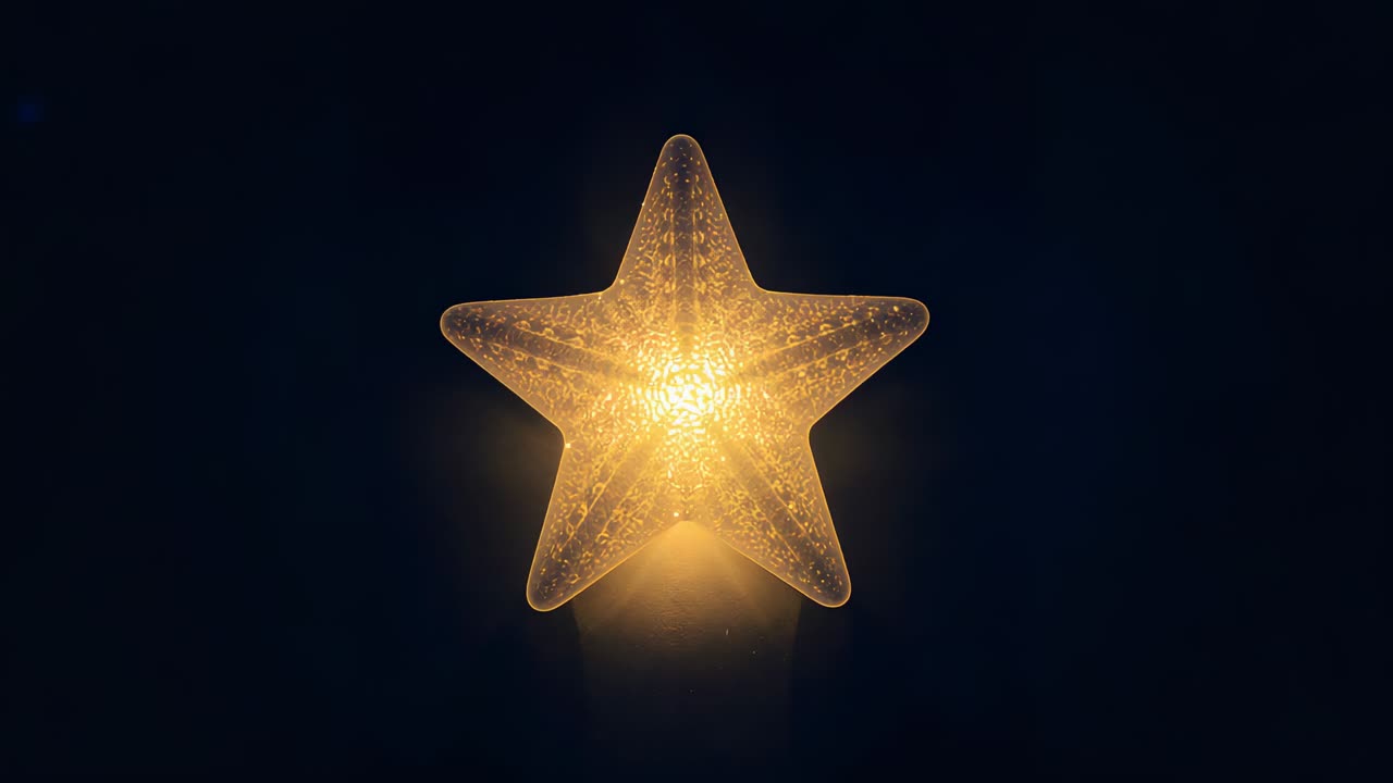 Frames advancing clear 5-point star glowing amber core, shining bubbles, halo rising in void