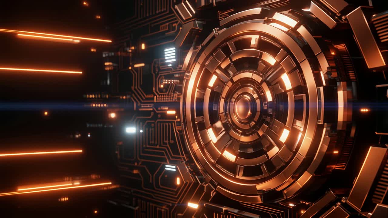 Nucleo motore futuristico rotante con circuiti digitali e luci incandescenti.