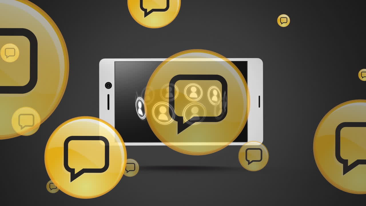 animación de los iconos de burbuja de habla en el teléfono inteligente sobre fondo negro