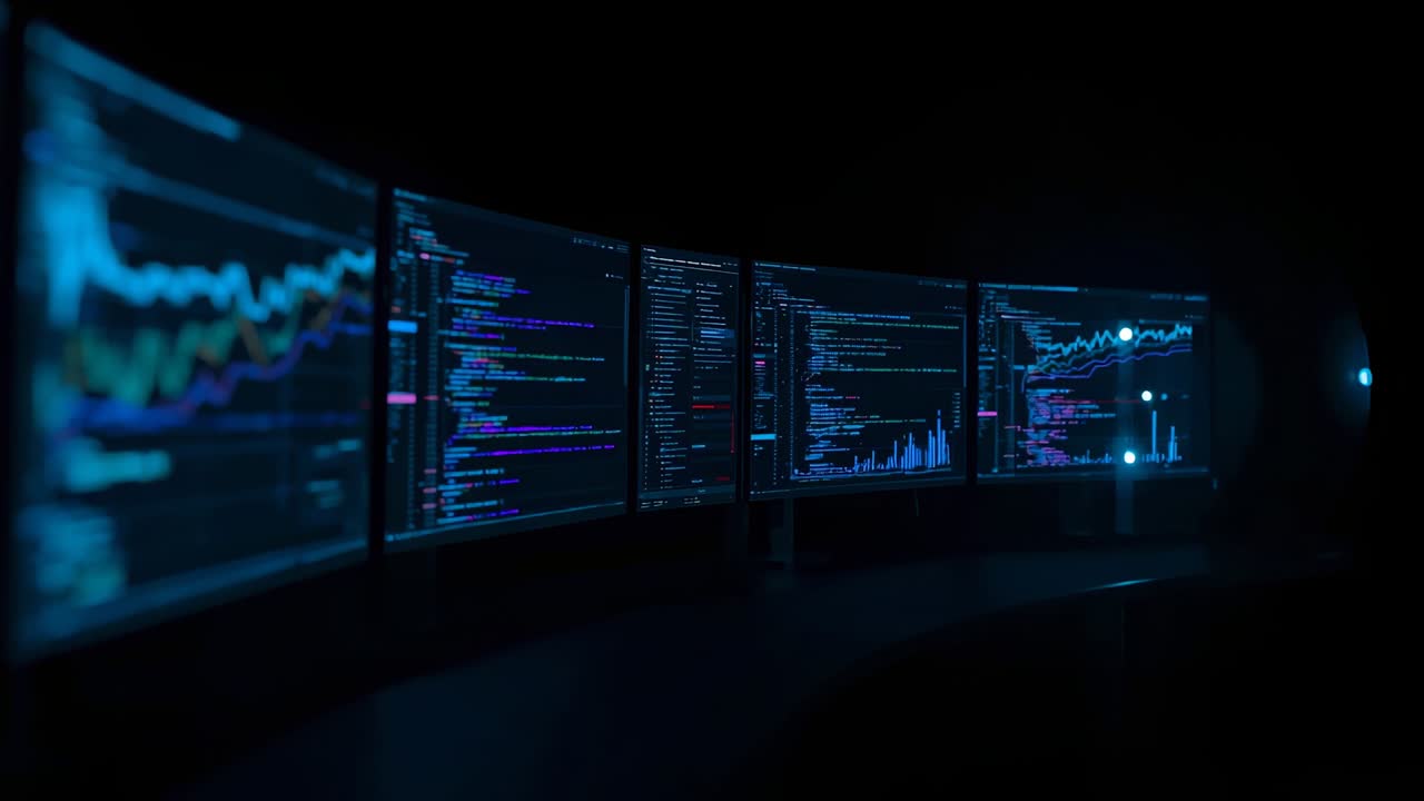 Panning camera sweeping across curved five-monitor array in control room displaying code and charts