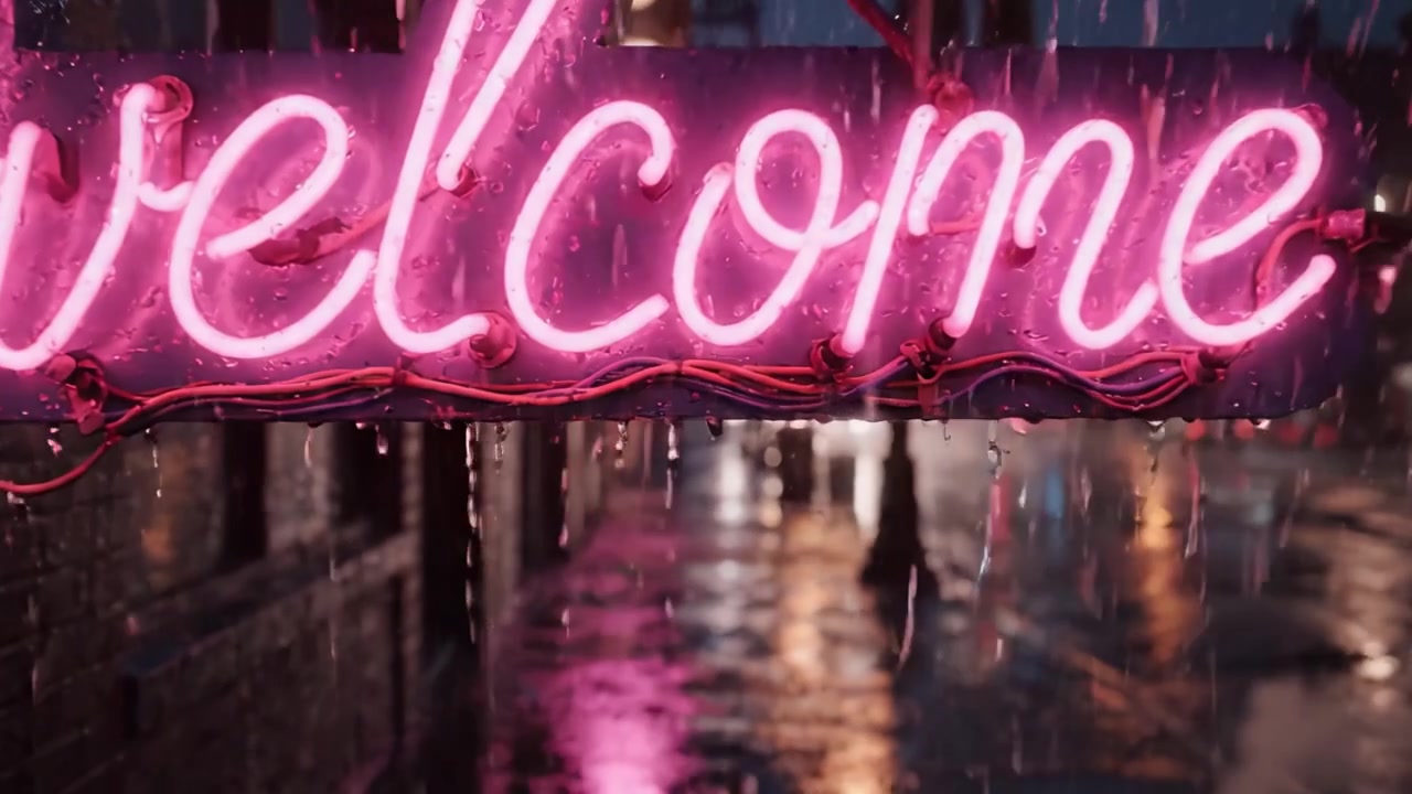 Un'insegna al neon vibrante di benvenuto illumina una scena stradale urbana piovosa di notte, mettendo in mostra il bagliore della vita cittadina tra riflessi e pioggia.