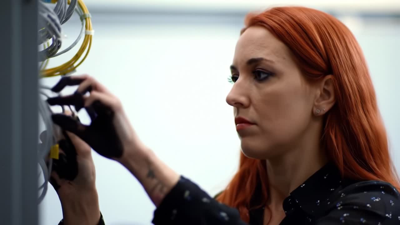 A woman interacts with complex machinery in a workshop. She focuses intently on her task while organizing cables and connections. The environment is well-lit, showcasing her skills.