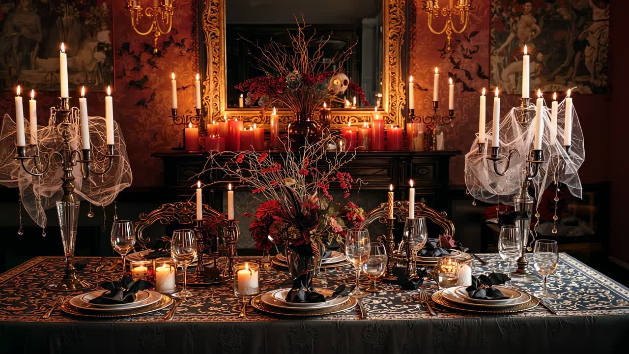 Fixing camera on ornate dining table in mansion, capturing gothic decor with candelabras and skull