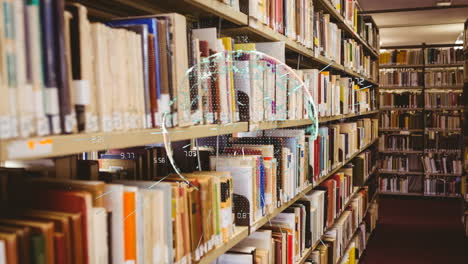 animatie van de wereldbol met een netwerk van verbindingen over planken met boeken in de bibliotheek