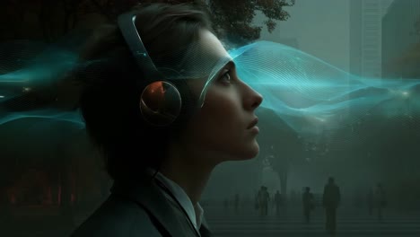woman listening to music in the city