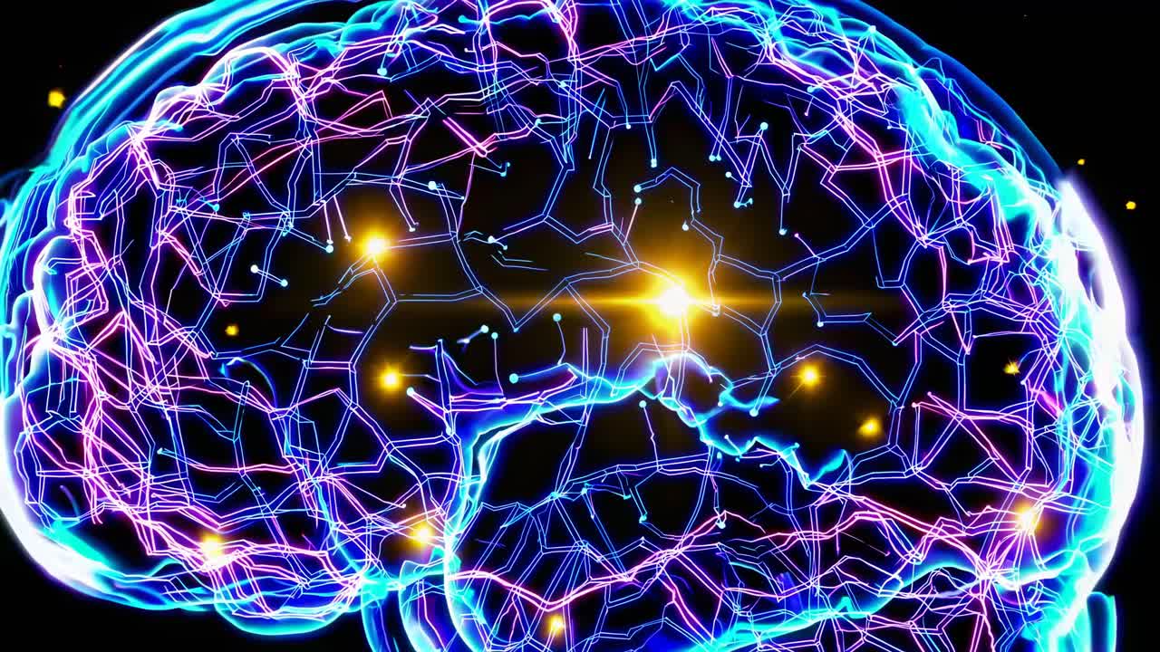Futuristic video concept of a glowing brain with neon circuitry