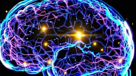 futuristic video concept of a glowing brain with neon circuitry