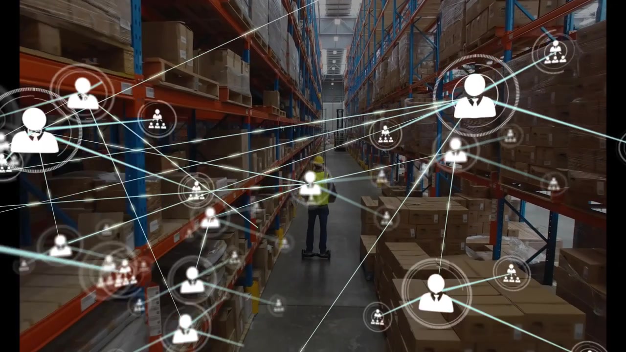 Silhouette appearing starting worker riding pallet jack linking user icons across aisle racks