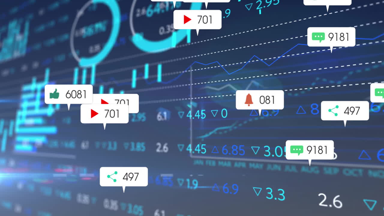 Social media metrics floating above financial chart, displaying icons and numeric labels in flat UI