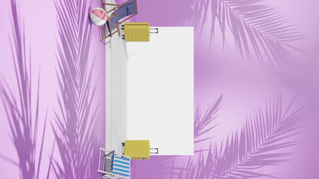 animación de renderización vertical 3d del producto espacio de copia vacío con configuración de luz y concepto de viaje con portátil y maleta en fondo rosa de playa de palma tropical
