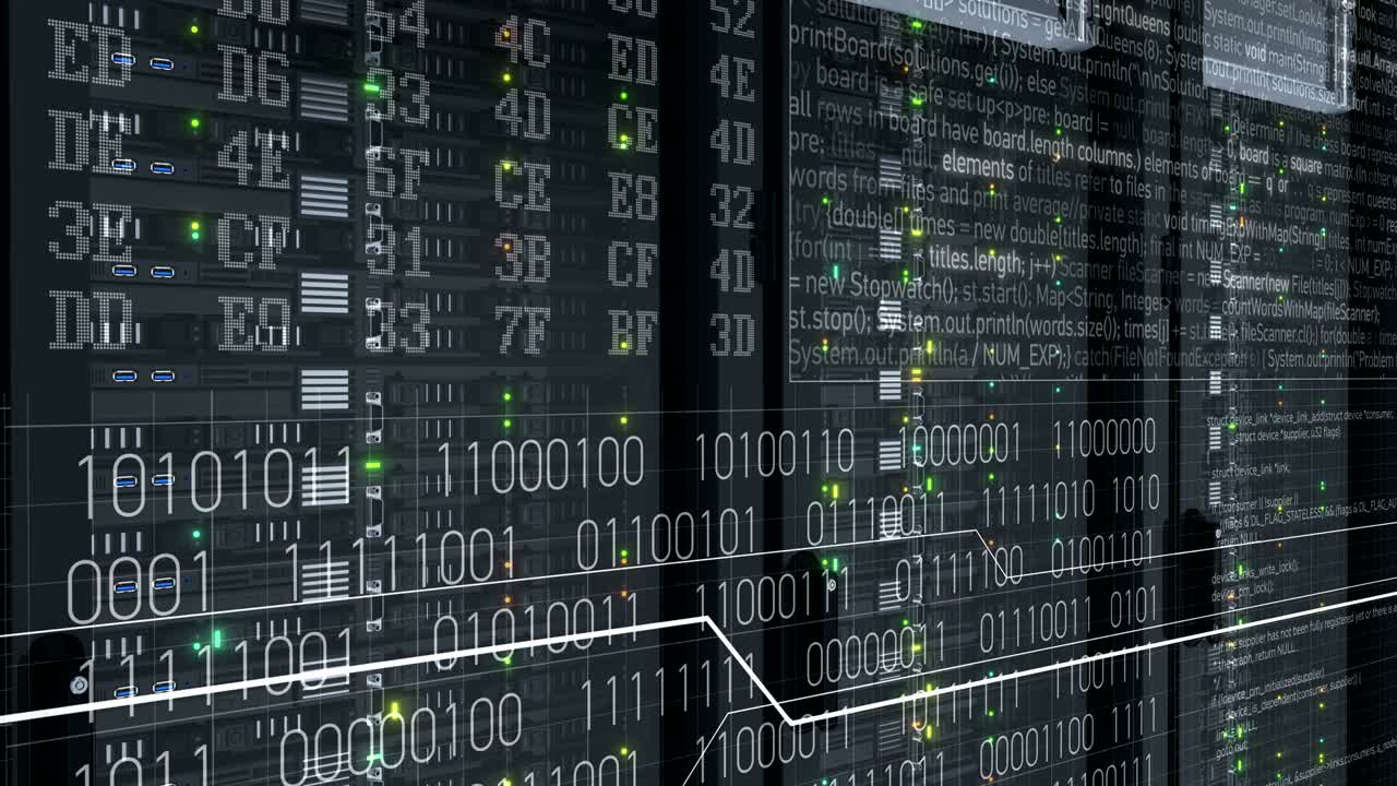 Digital Visualization of Computing Process Flashing Lights on Working Rack Servers Close-up in Modern Data Center Cloud Computing Data Storage. Heavy Rendering. Looped 3d animation 4k UHD 3840x2160.