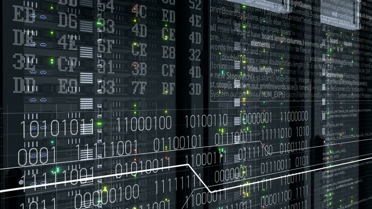 Digital Visualization of Computing Process Flashing Lights on Working Rack Servers Close-up in Modern Data Center Cloud Computing Data Storage. Heavy Rendering. Looped 3d animation 4k UHD 3840x2160.