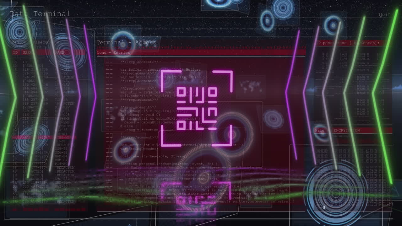 Animation of qr code over scope scanning and data processing on black background