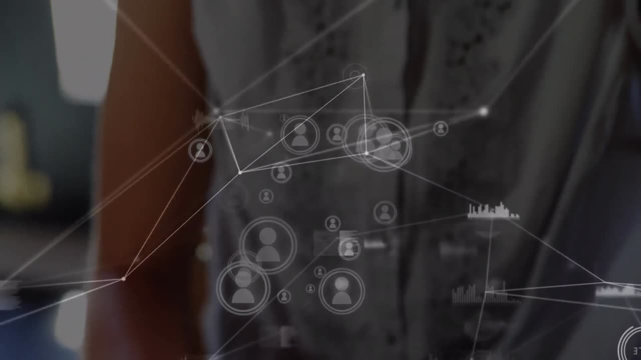 animación de la red de conexiones sobre la mujer usando auriculares vr