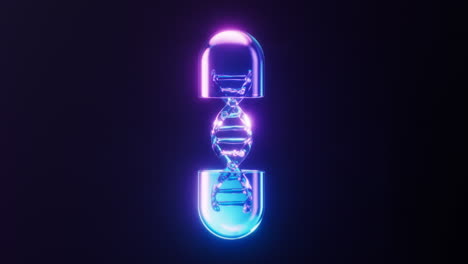 loop animation of dna and capsule with dark neon light effect, 3d rendering.