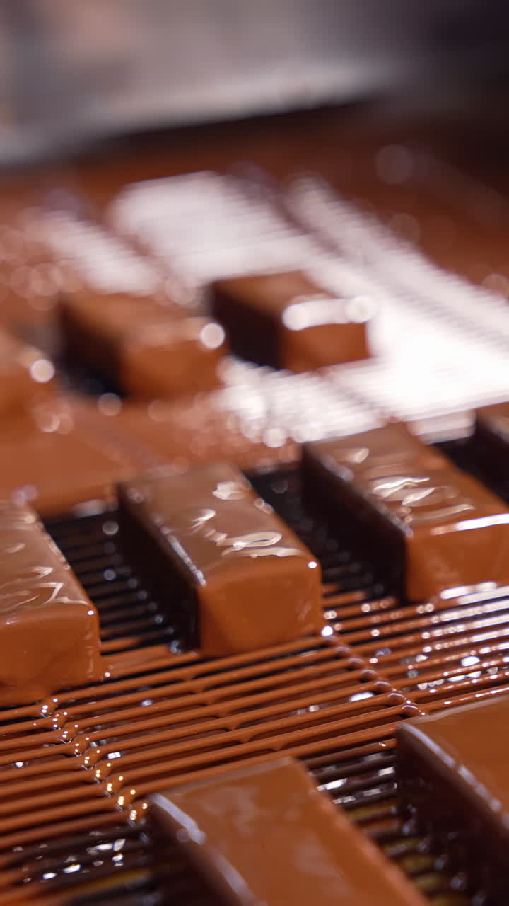 Appetizing freshly-covered with chocolate glazing sweets. Candies poured with chocolate icing. Sweet food production line. Vertical video