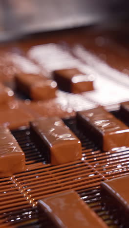 appetizing freshly-covered with chocolate glazing sweets. candies poured with chocolate icing. sweet food production line. vertical video