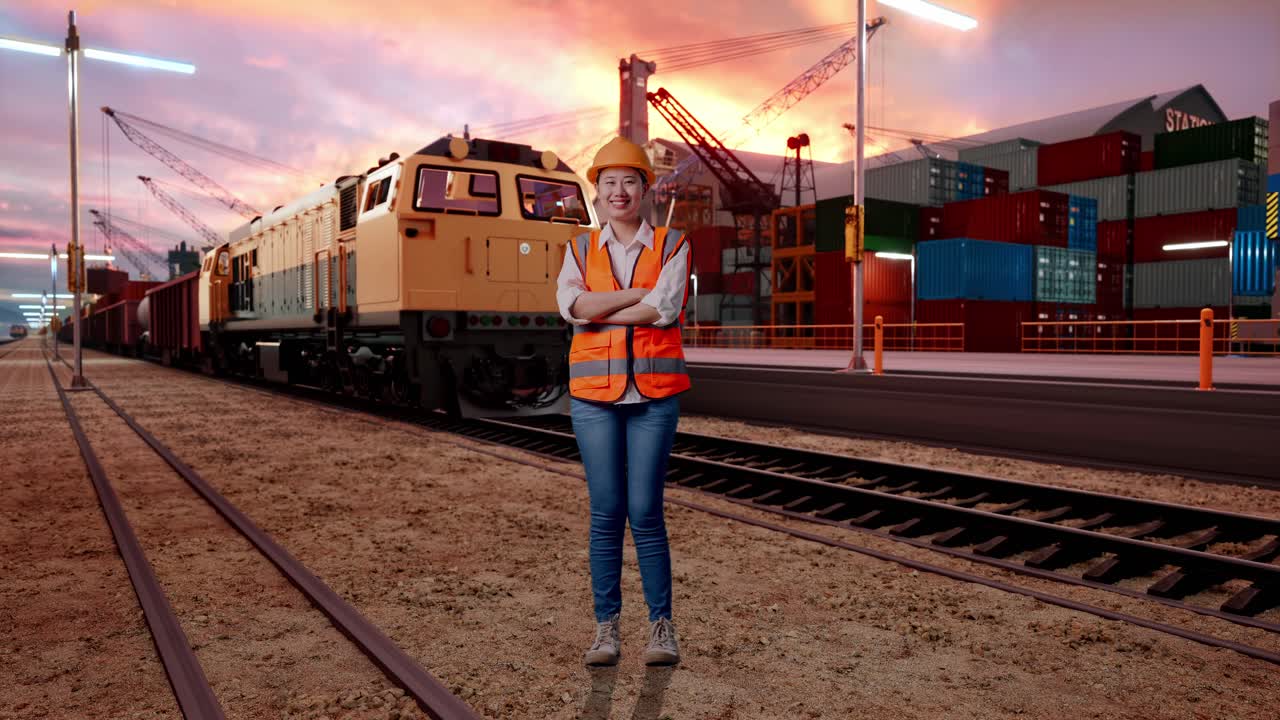 Full Body Of Asian Female Engineer With Safety Helmet Crossing Her Arms And Smiling To Camera With Freight Cargo Train At Port