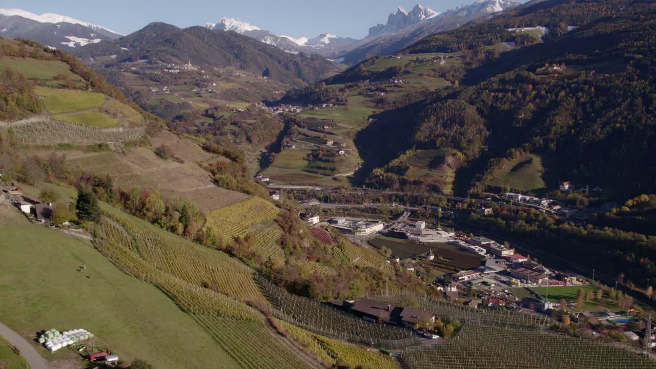 Luftfoto af efterårsvinmarker og bølgende bjerge, Chiusa, Italien