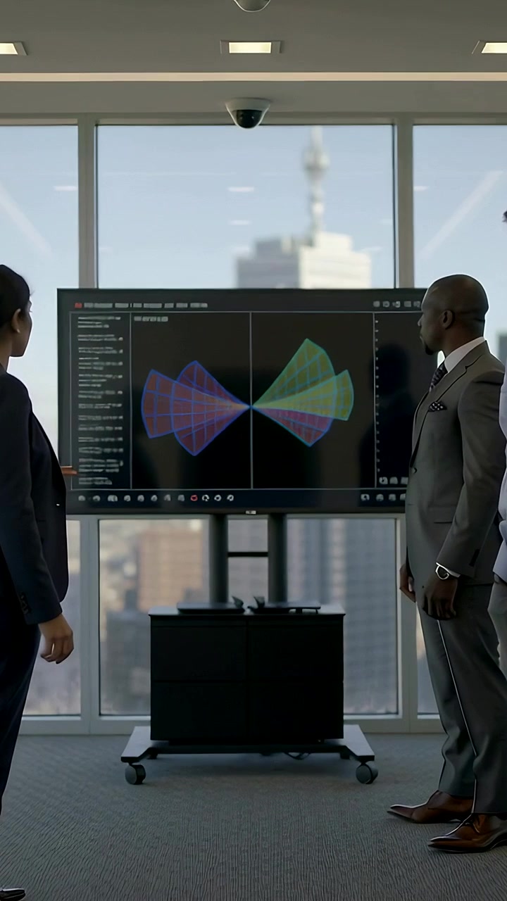 Vertical video: Raising hand presenter pointing to data changing slides in office, in suits
