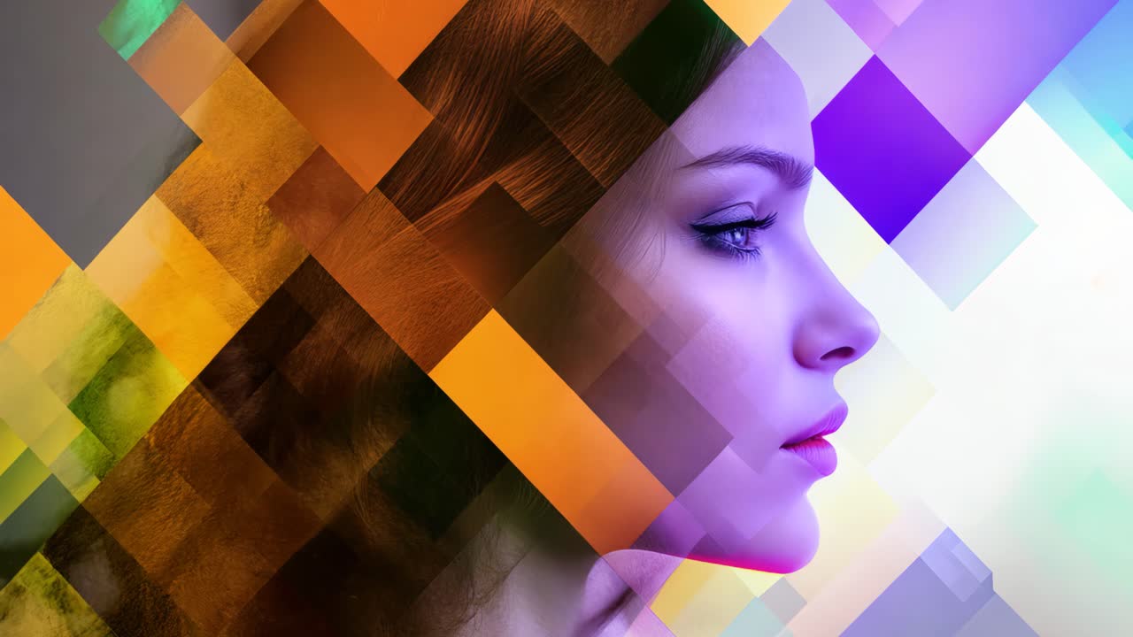 A woman's face is shown in a colorful, abstract style. The image is meant to convey a sense of creativity and artistic expression
