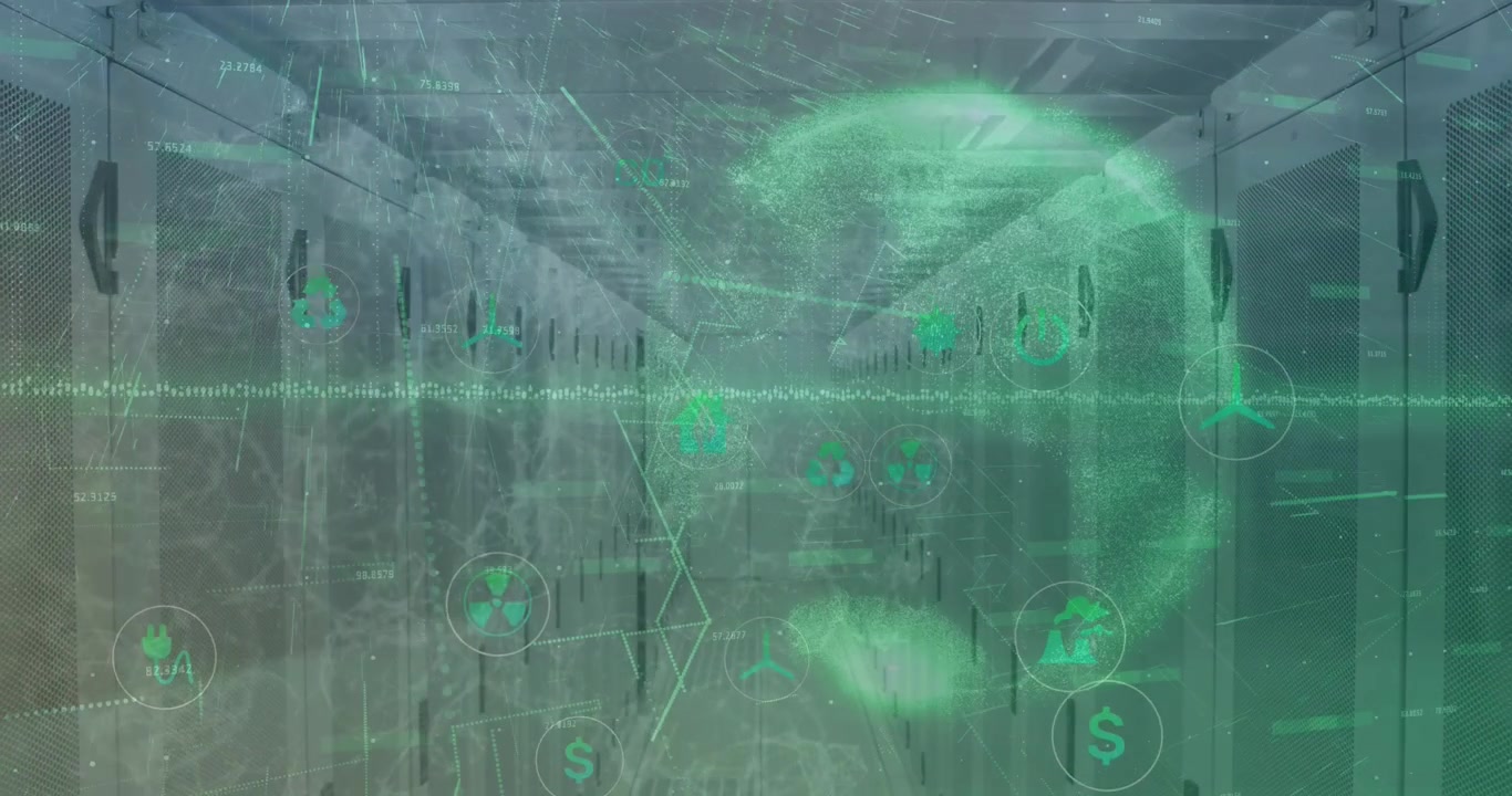 Animation of financial data processing with globe on digital screen