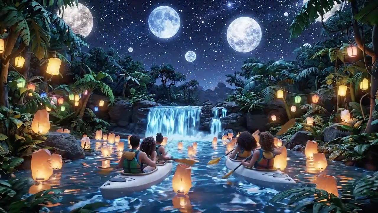 Uma cena noturna mágica com caiaquistas alegres iluminados por lanternas coloridas sob um céu estrelado deslumbrante, com luas brilhantes e um cenário sereno de cachoeira.