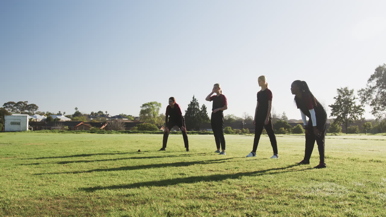 Playing cricket outdoors, women in sportswear enjoying sunny day together