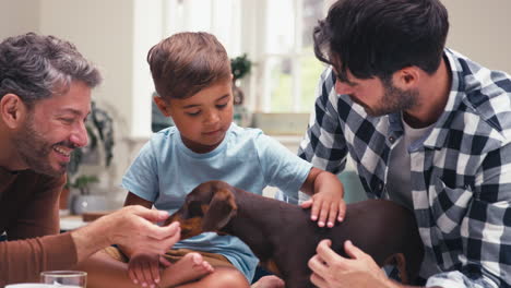 familia de machos del mismo sexo con hijo y perro mascota sentado en el mostrador en la cocina en casa
