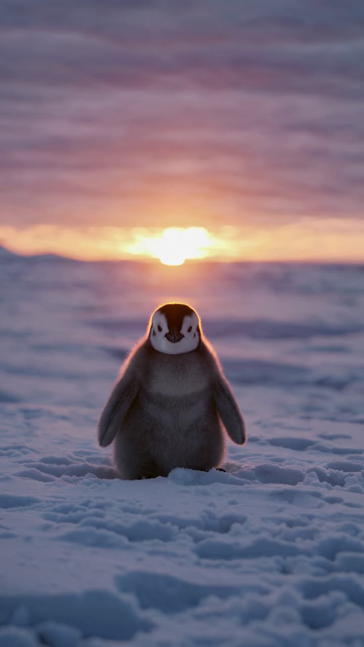 A low-angle shot of a penguin chick on snowy terrain at sunset, capturing a serene, cinematic