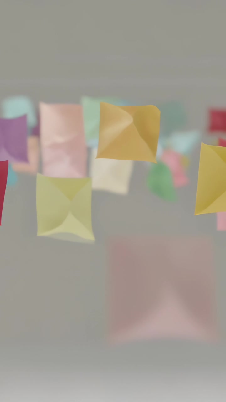 Video verticale: Sacchetti di carta che, dopo una deriva iniziale, si muovono alla deriva davanti all'obiettivo in studio, aggiungendo profondità.