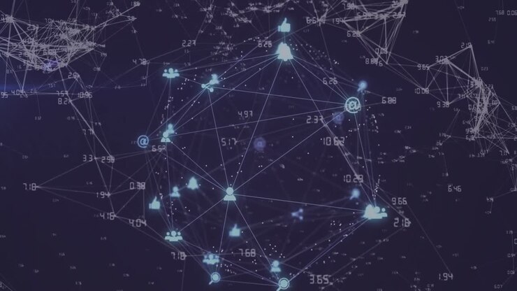 Animation of globe of glowing digital icons and network of connections against blue background