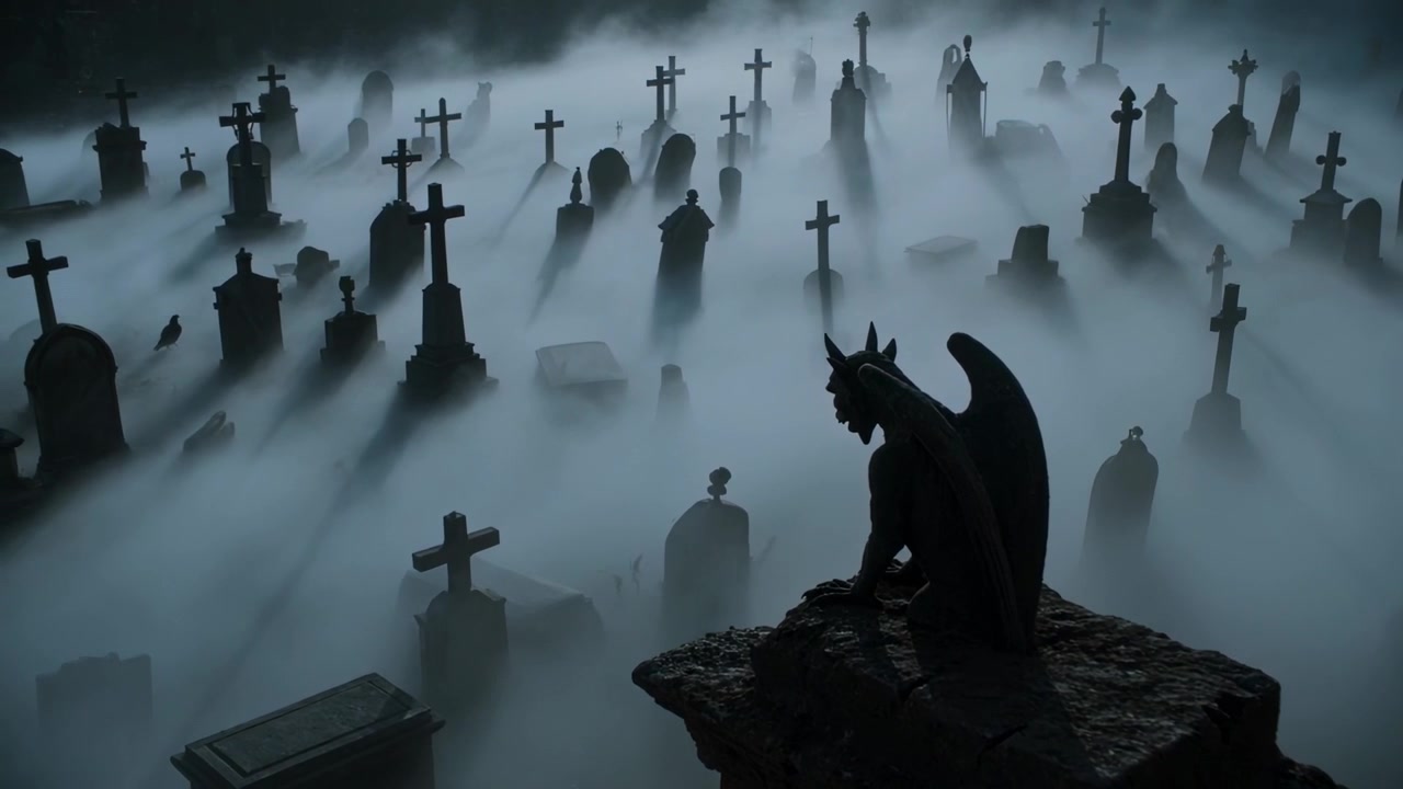 Gargoyle di pietra che osserva il cimitero al crepuscolo, con la nebbia che scorre tra le croci, un uccello e spazio per il testo.