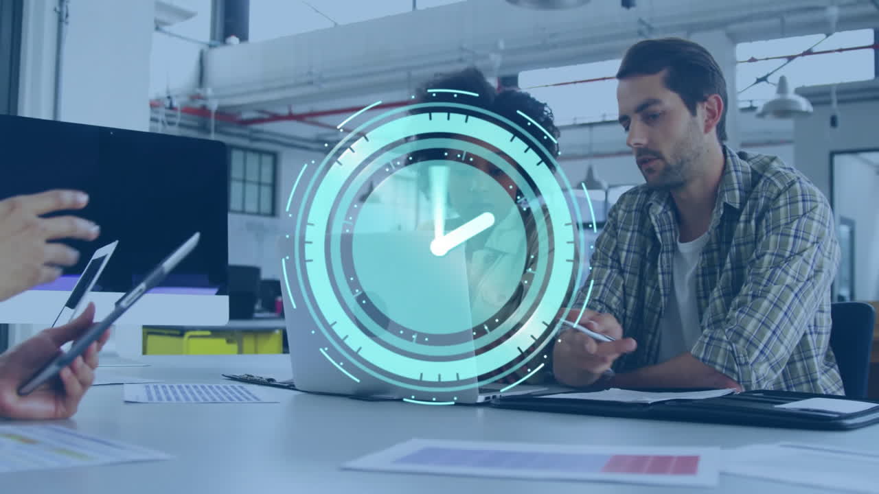 Digital clock animation over people working at office desk with documents