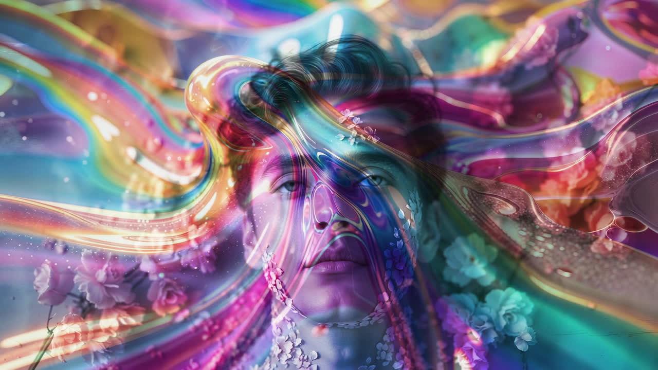 Psychedelic Portrait with Vibrant Abstract Flows and Flowers