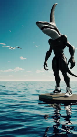 shark-man on a floating platform